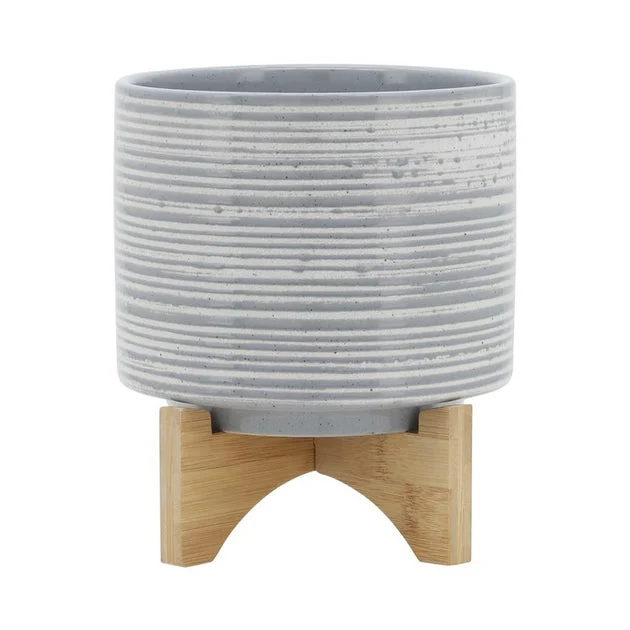 9.25" Brushed Stripes Ceramic Planter on Wood Stand - Gray