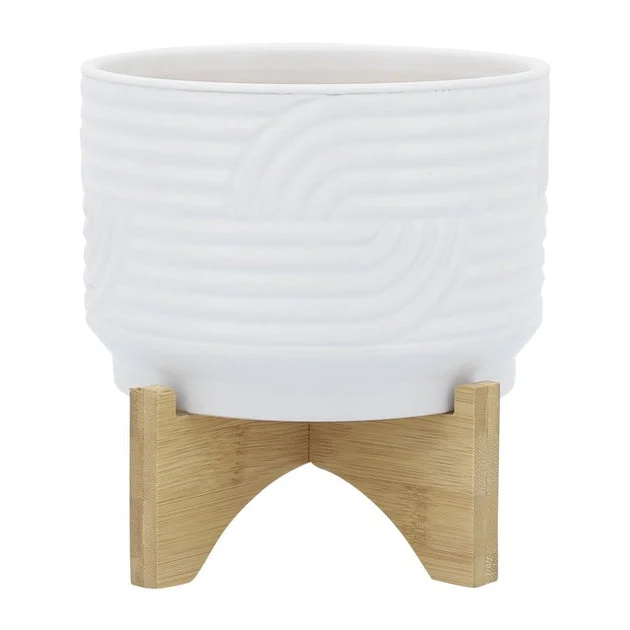 7" Abstract Waves Ceramic Planter on Wood Stand - White