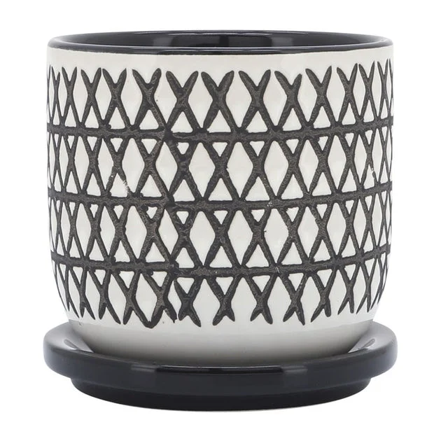 5" Cross Ceramic Planter with Saucer - Black