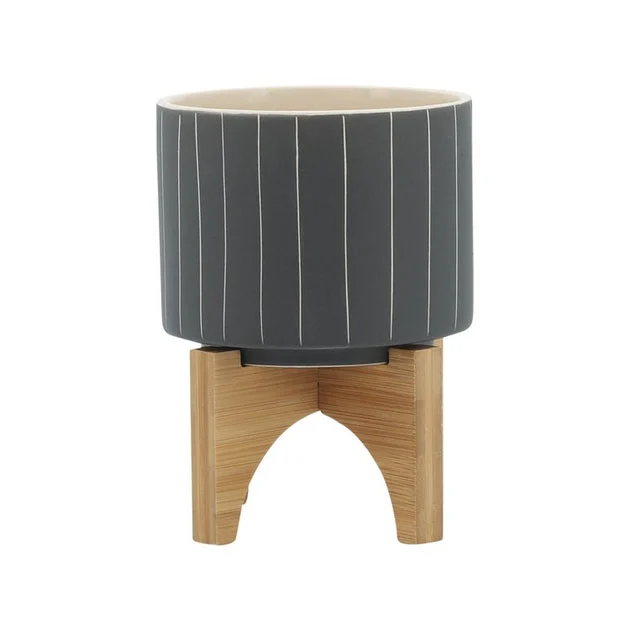 7" Vertical Stripes Planter with Stand - Gray