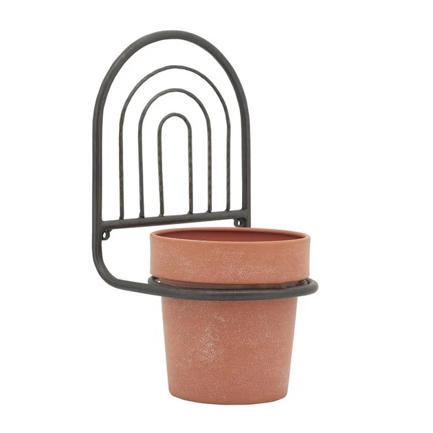 11" Rainbow Arch Metal Wall Planter with Pot - Black/Terracotta