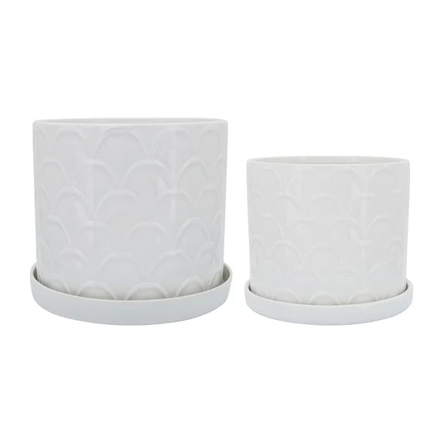 10"/12" Scaly Planters with Saucers Set of 2 - White
