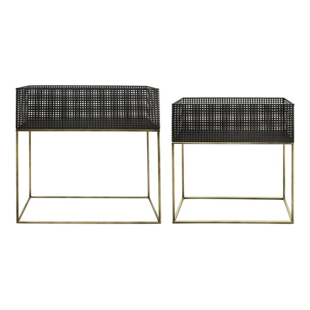 20"/24" Rectangular Metal Mesh Planters with Stands Set of 2 - Black/Gold