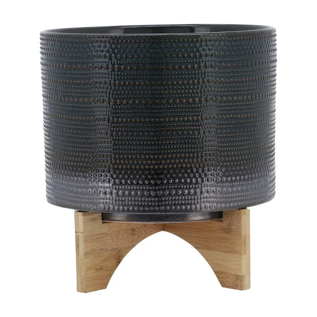 11" Dotted Ceramic Planter with Wood Stand - Green