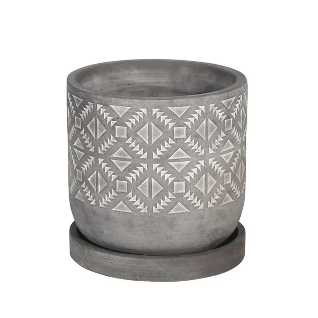 6" Diamond Pattern Cement Planter with Saucer - Gray