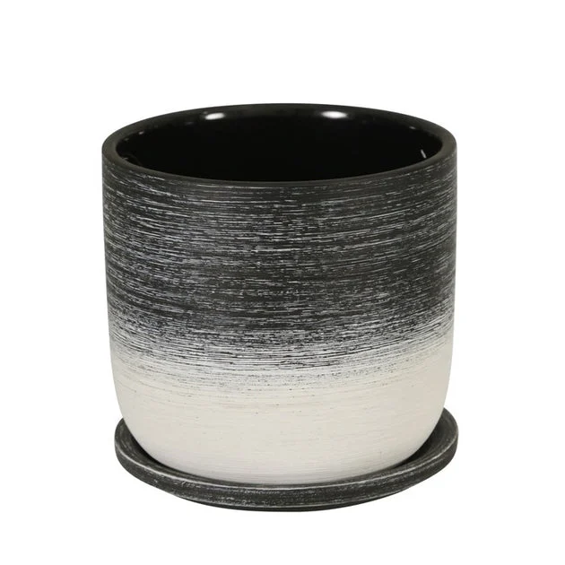 6" Two-Tone Brushed Ceramic Planter with Saucer - Black