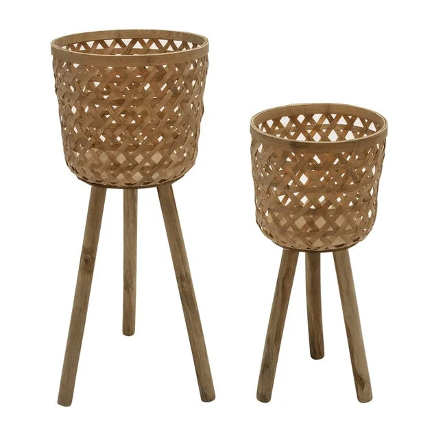 Herringbone Weave Bamboo Planters on Stands Set of 2 - Natural