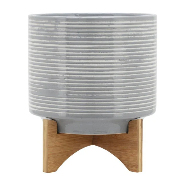 11.5" Brushed Stripes Ceramic Planter on Wood Stand - Gray