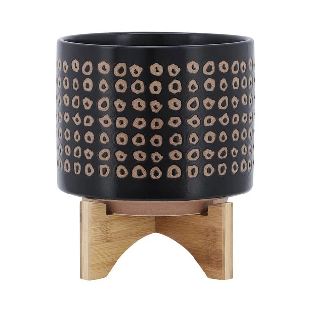 9.25" Tribal Spots Ceramic Planter on Wood Stand - Brown