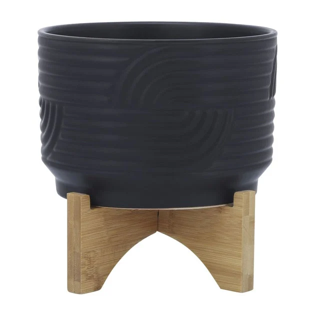 7" Ceramic Abstract Waves Planter on Wood Stand - Black