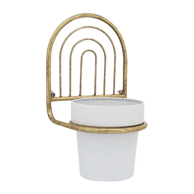 11" Rainbow Arch Metal Wall Planter with Pot - Gold/White