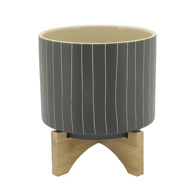 9" Vertical Stripes Planter with Stand - Gray