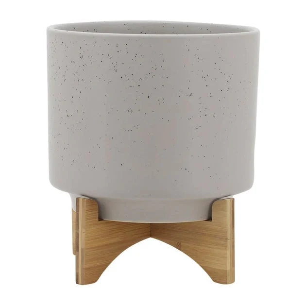 10" Speckled Ceramic Planter with Wood Stand - Matte Beige