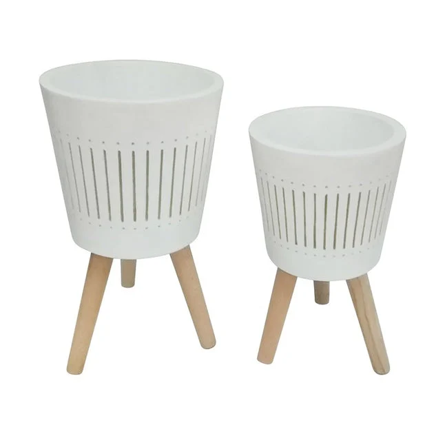 10"/12" Vertical Lines Ceramic Planters with Wood Legs Set of 2 - White (Knockdown Design)