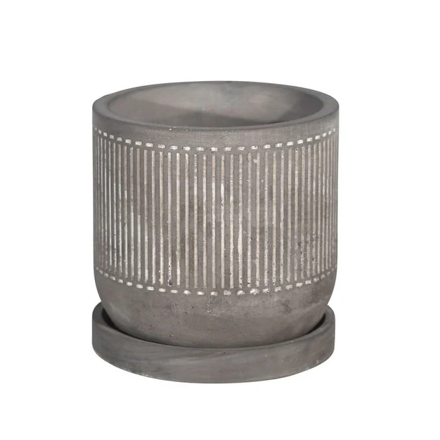 6" Line Pattern Cement Planter with Saucer - Gray