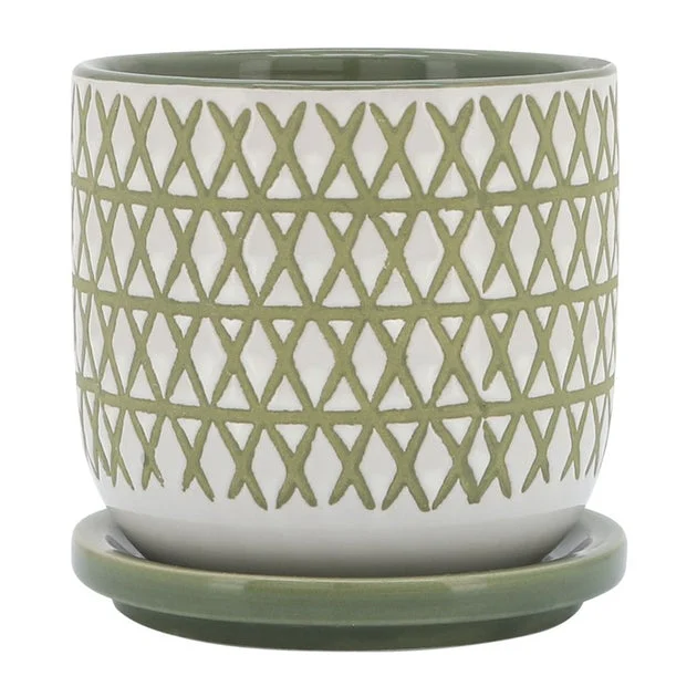 5" Cross Ceramic Planter with Saucer Olive