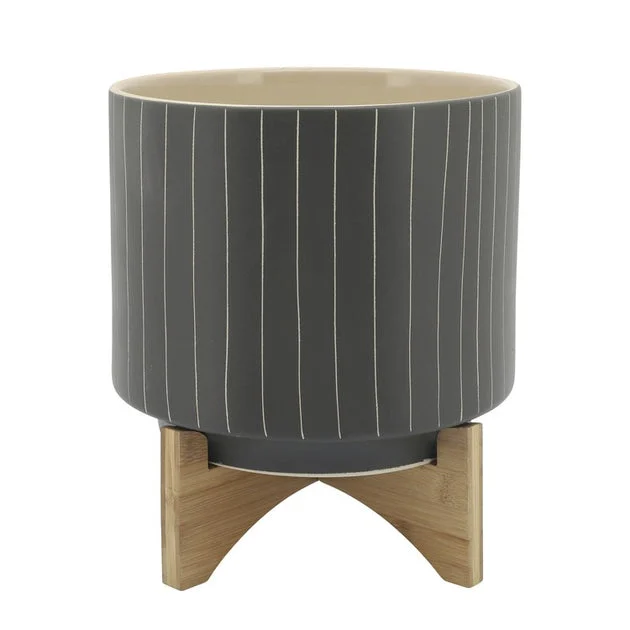 12" Vertical Stripes Planter with Stand - Gray