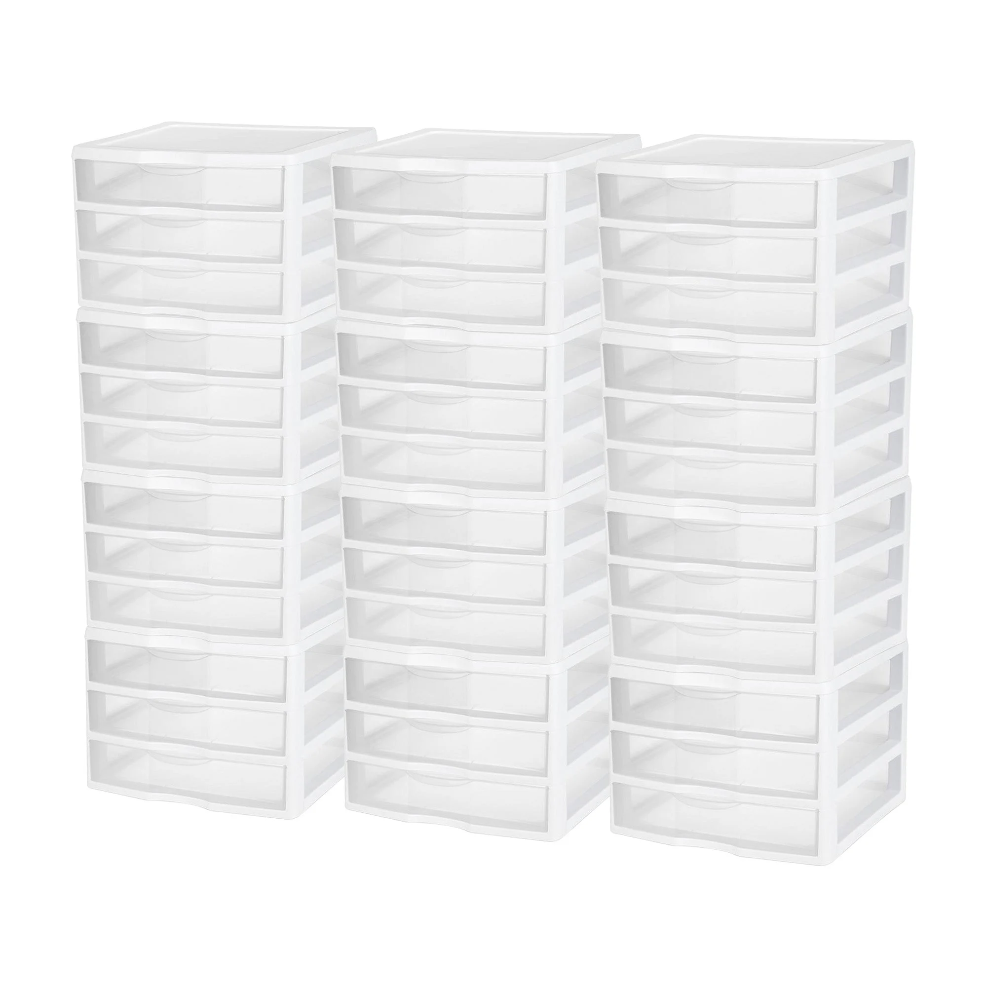 Sterilite Clear Plastic Stackable Small 3 Drawer Storage System, White, (12 Pack)