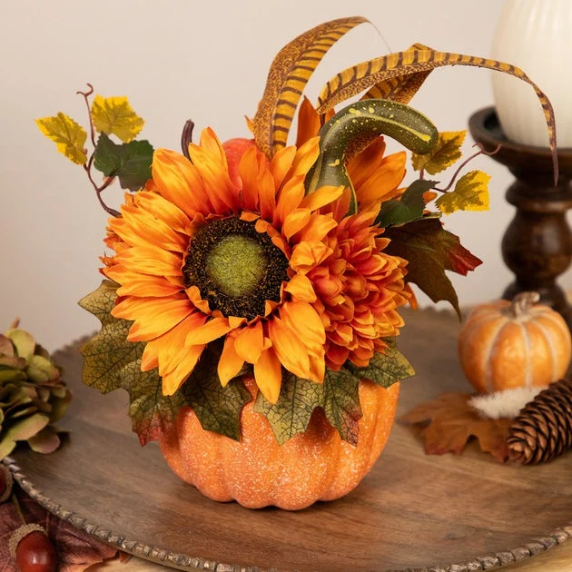 14.75" Yellow Sunflower and Mum Filled Pumpkin Thanksgiving Decor
