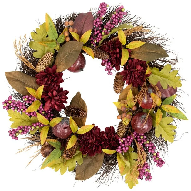 28" Mums and Pomegranates Artificial Fall Harvest Floral Wreath