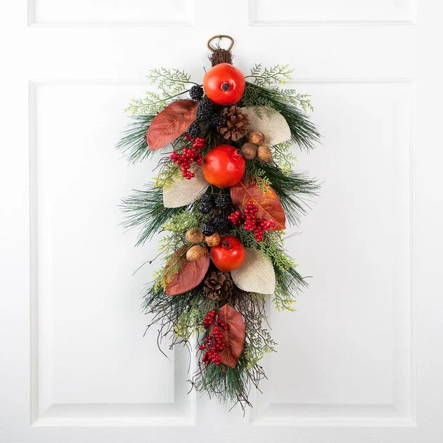 30" Unlit Autumn Harvest Mixed Berry and Pine Needle Artificial Teardrop Swag