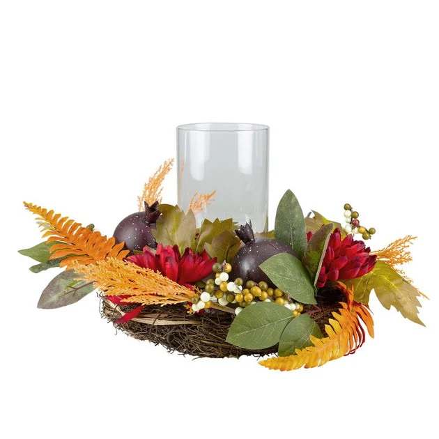22" Mums with Pomegranate Fall Candle Holder Centerpiece