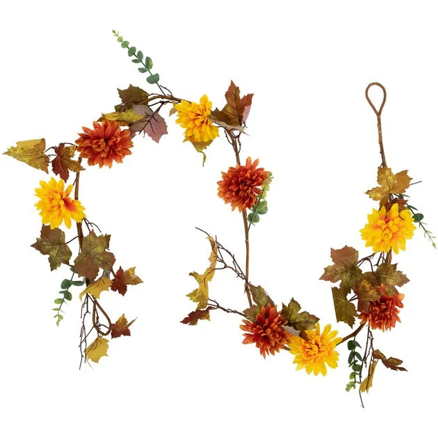 5.5' x 6" Unlit Red and Yellow Maple Leaf with Mum Flower Thanksgiving Garland