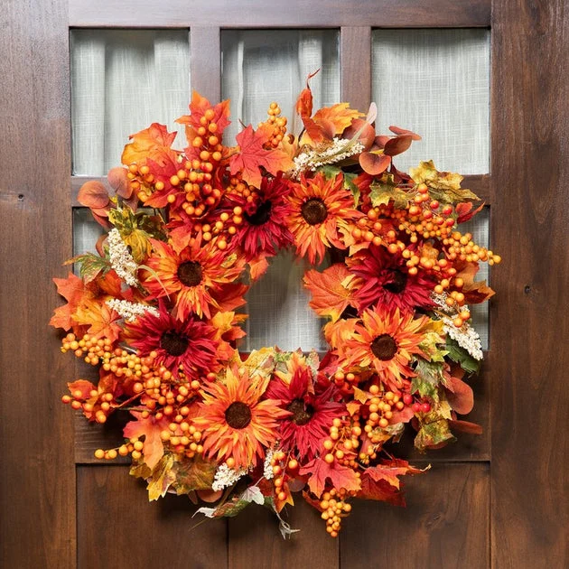 24" Unlit Leaves and Flowers Fall Harvest Wreath