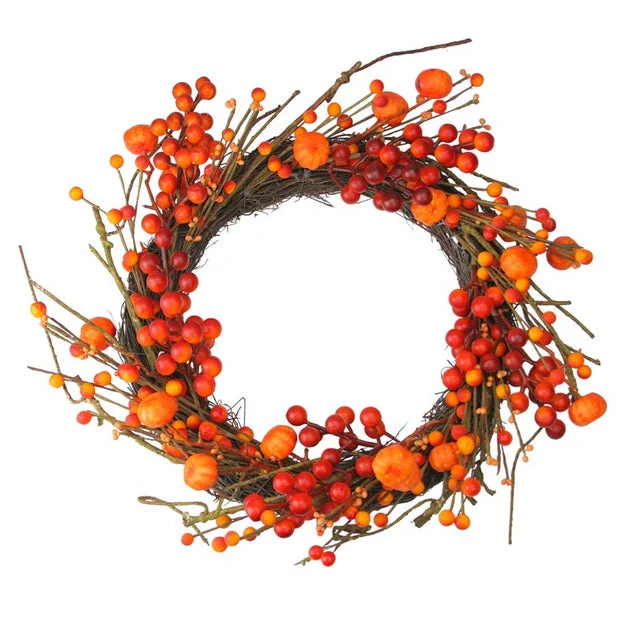 20" Unlit Red and Orange Fall Berry and Mini Pumpkin Artificial Thanksgiving Wreath