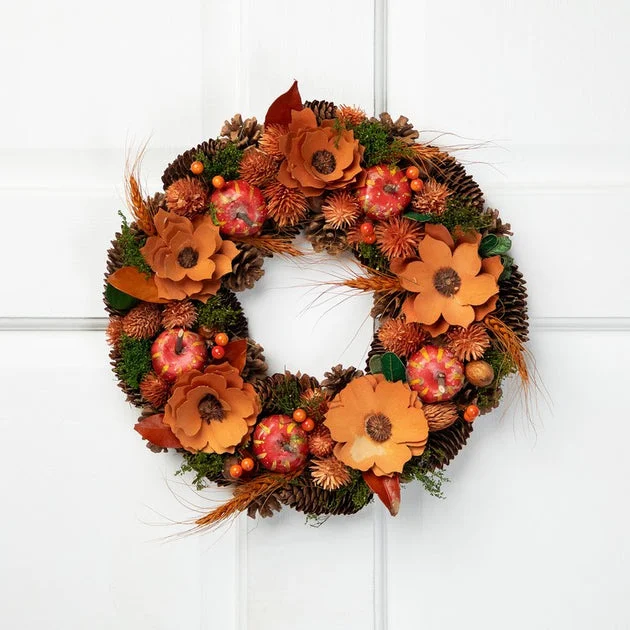 13.25" Unlit Autumn Harvest Orange Flowers and Gourds Pine Cone Wreath