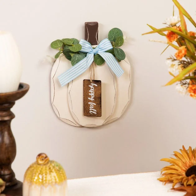 9" Beige Happy Fall Wooden Pumpkin Fall Harvest Decoration