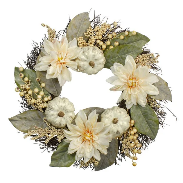 22" Dahlia and Pumpkin Fall Artificial Floral Wreath