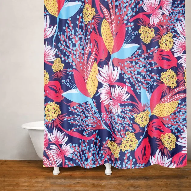 Chrysanthemum Red/Navy/Blue Shower Curtain/Eva Shower Curtain Liner/Annex Chrome Shower Hooks Set