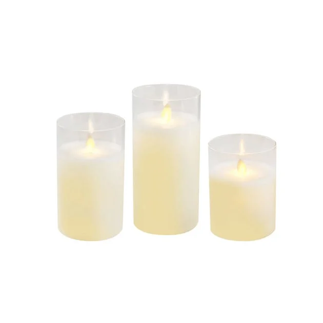 Battery-Operated LED Glass/Wax Hurricanes with Moving Flame and Timer Set of 3
