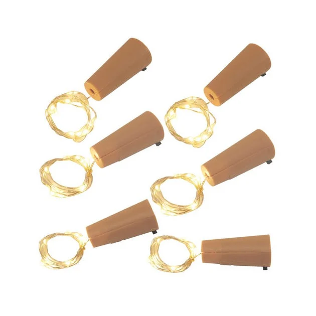 Battery-Operated Wine Cork with Submersible LED Fairy String Lights Set of 6 - White