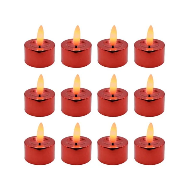 Battery-Operated 3D Wick Flame LED Tealight Candles Set of 12 - Red