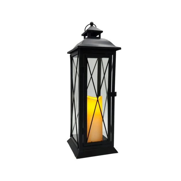 Battery-Operated Metal Lantern with LED Candle and Timer - Crisscross
