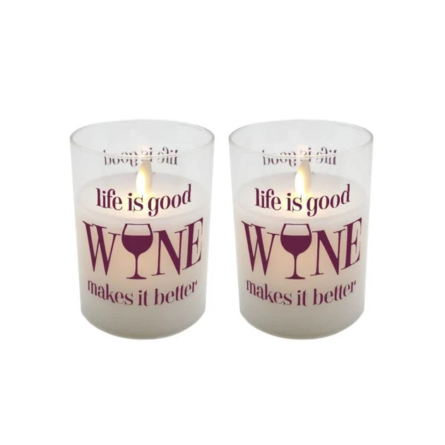 Life is Good, Wine Makes it Better Battery-Operated Glass/Wax LED Candles with Moving Flame and Timer Set of 2