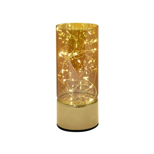 Amber Glass Hurricane Filled with Battery-Operated Fairy String Lights