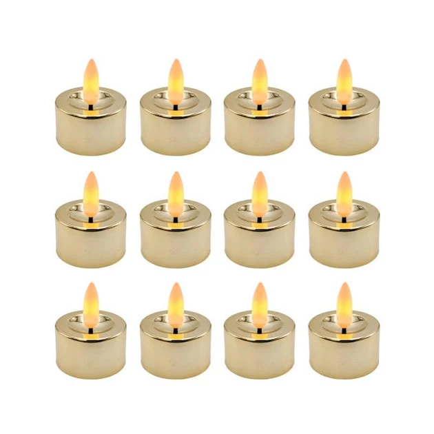 Battery-Operated 3D Wick Flame LED Tealight Candles Set of 12 - Gold