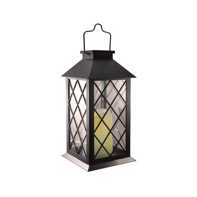 Solar-Powered Lantern with LED Candle - Black Tudor