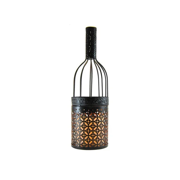 Metal Wine Bottle with Battery-Operated Candle and Timer