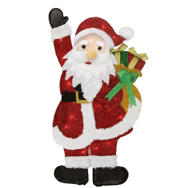 32" Red and White Lighted Waving Santa with Gifts Christmas Outdoor Decoration