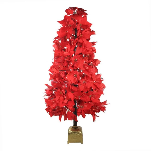 4' Pre-Lit Red Poinsettia Christmas Tree with Color-Changing Fiber Optic Lights