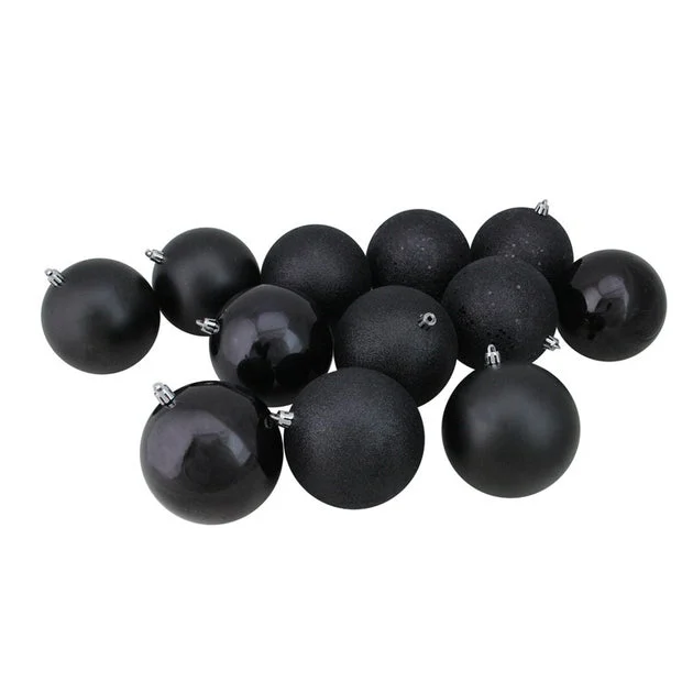 4" Black Shatterproof Four-Finish Christmas Ball Ornaments Set of 12