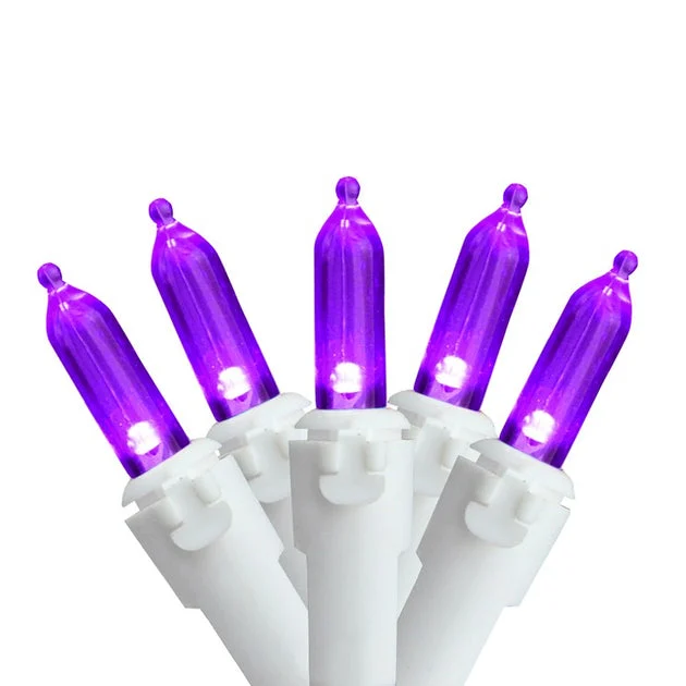 50-Count Purple LED Mini Christmas Light Set with 16.25' White Wire