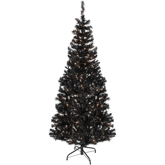 6' Pre-Lit Black Artificial Tinsel Christmas Tree with Clear Lights
