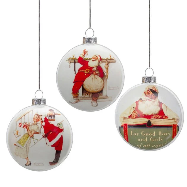 Norman Rockwell Glass Disc Christmas Ornaments Set of 3