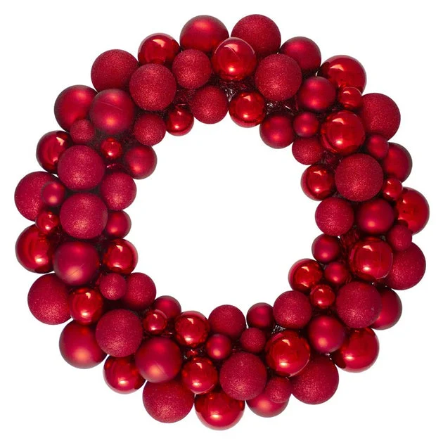 24" Unlit Red Hot Three-Finish Shatterproof Ball Christmas Wreath