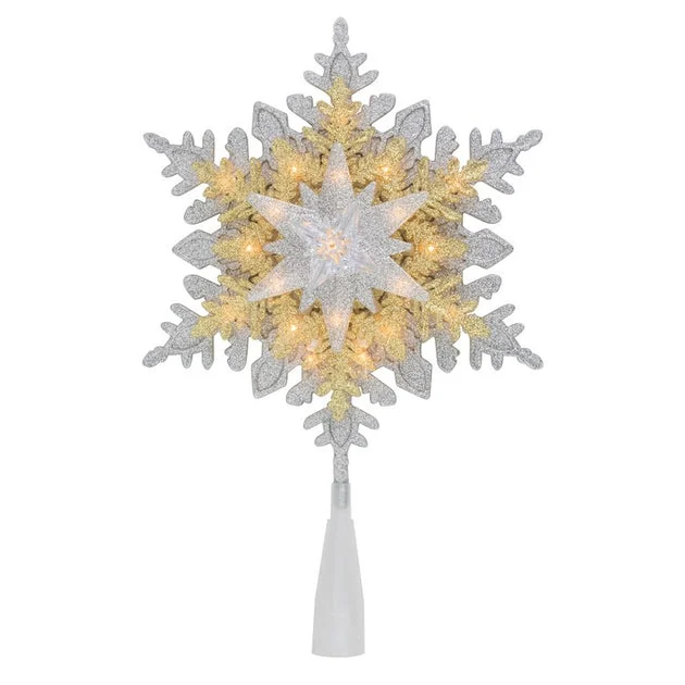13.75" Lighted Gold and Silver Snowflake Christmas Tree Topper with Clear Lights